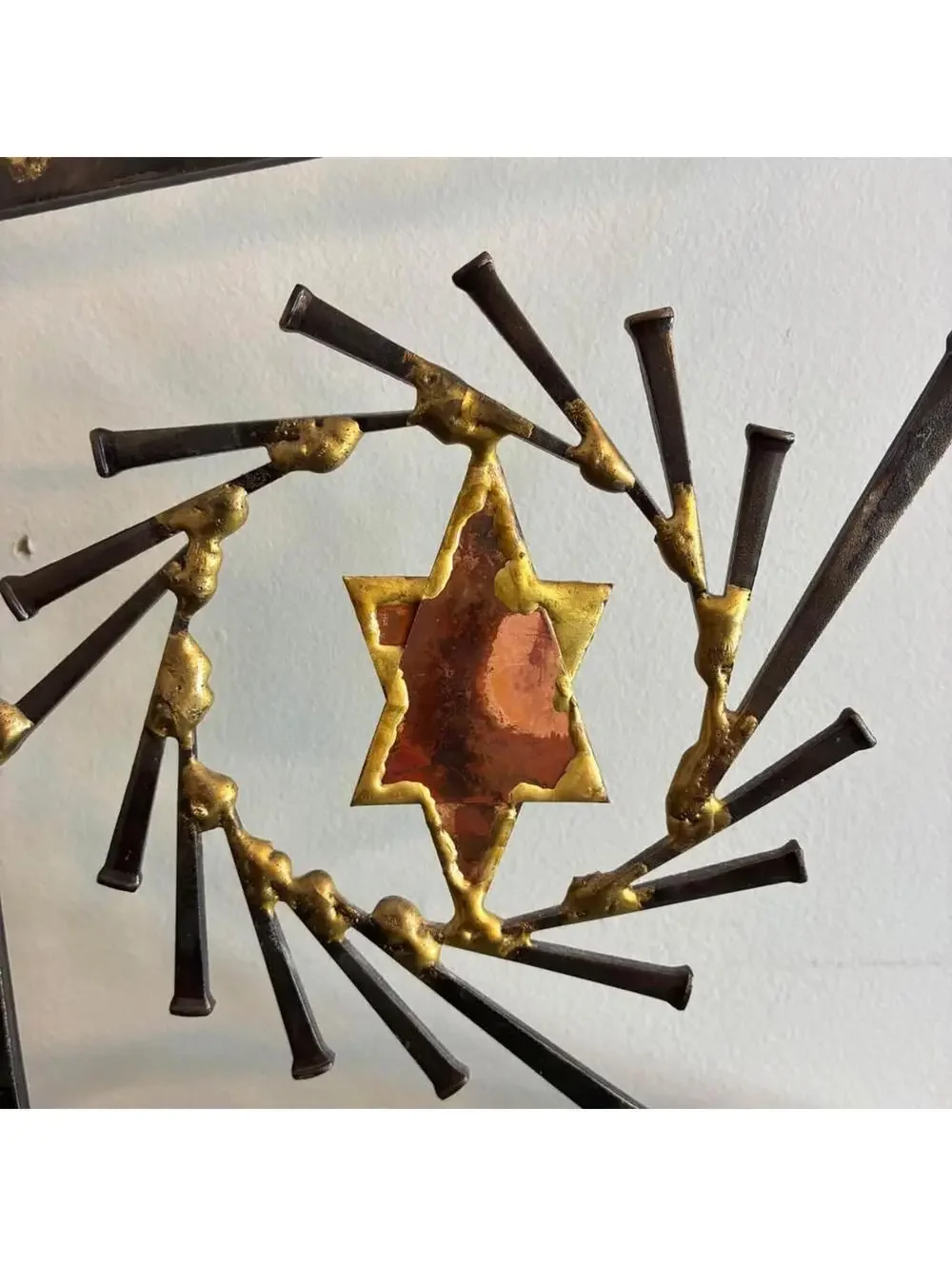 Vintage Brutalist Welded Metal Menorah Star Of David Judaica Candle Holder